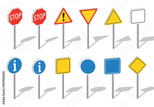 Collection of various traffic signs on metal poles against a plain background