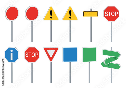 Assorted traffic signs on poles against a clear background viewed from a straight-on perspective