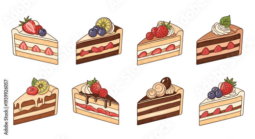 Tempting collection of diverse cake slices with cream, chocolate, and fresh fruit toppings like strawberries and cherries.