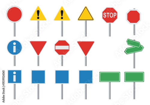 Collection of various traffic signs and symbols displayed on metal poles against a plain background