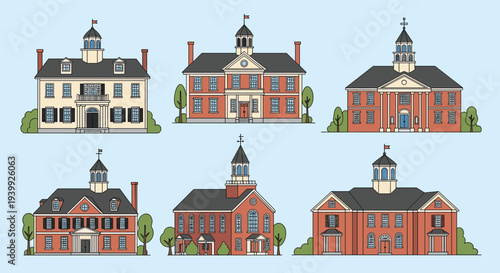 Set of six different historical brick buildings with classical architecture, columns, and towers on a light blue sky.