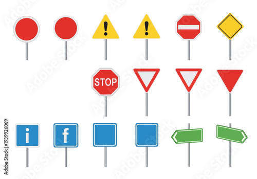 Collection of various traffic signs and symbols displayed on poles against a clean background from a straightforward viewpoint