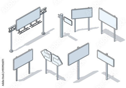Collection of various blank signboards displayed on different stands and poles from a straightforward viewpoint