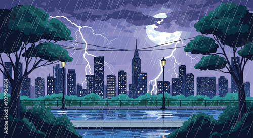 Pixel art depiction of a sprawling city skyline during a powerful nighttime thunderstorm with bright lightning bolts striking through purple clouds.