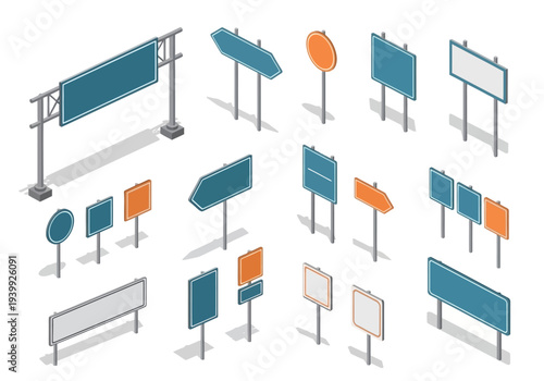 Collection of various directional signs and billboards standing on metal poles in a flat illustration style