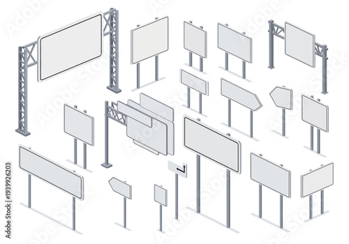 Collection of various blank billboards and signboards displayed from different viewpoints and angles in an urban setting