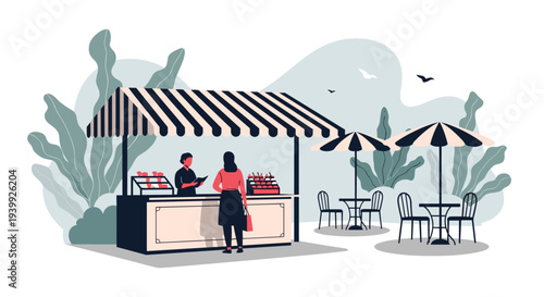 Relaxed outdoor market cafe scene shows a customer being served at a striped stall with nearby tables and umbrellas surrounded by lush green foliage.