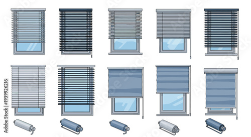 Catalog of window treatments displays ten different styles of blinds and shades including venetian, horizontal, and roller options for home decor.