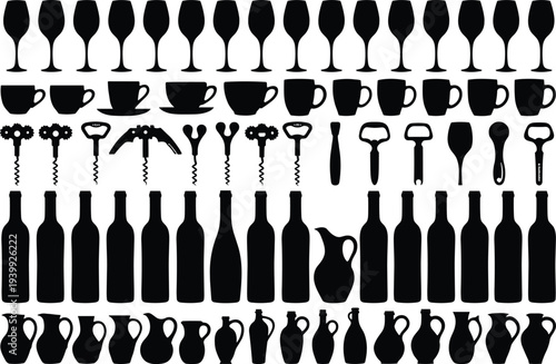 Black silhouette wine glasses coffee cups corkscrews bottle openers wine bottles pitchers jugs collection set, minimalist vector icons for bar cafe restaurant beverage menu design