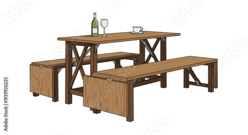 Sturdy wooden picnic table with attached benches and a wine bottle on top is shown with a folding design for compact storage and outdoor portability.