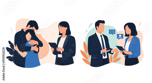 Series of flat illustrations depicts professional interactions including therapy sessions, business consultations, and support between individuals.