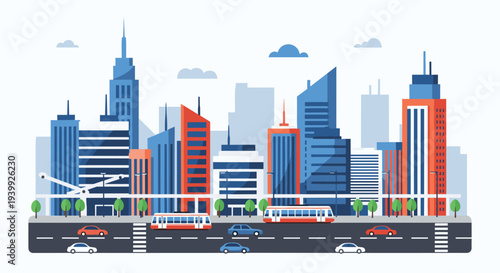 Dynamic city skyline illustration depicts colorful modern skyscrapers with a busy road in the foreground featuring cars and public tram transportation.