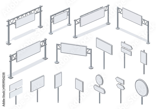 Collection of various blank signboards and billboards displayed outdoors in a digital illustration