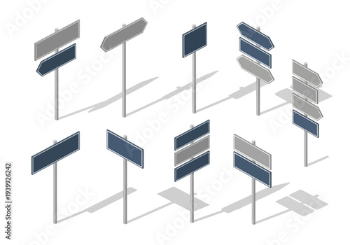 Multiple blank billboards on metal poles casting shadows in a grid pattern arrangement.
