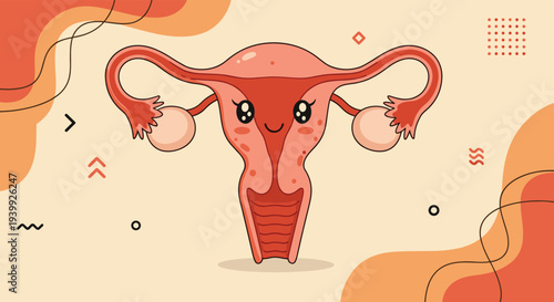 Cheerful feminine anatomy illustration shows a uterus with a cute smiling face and bright eyes on a warm background with abstract patterns and shapes.