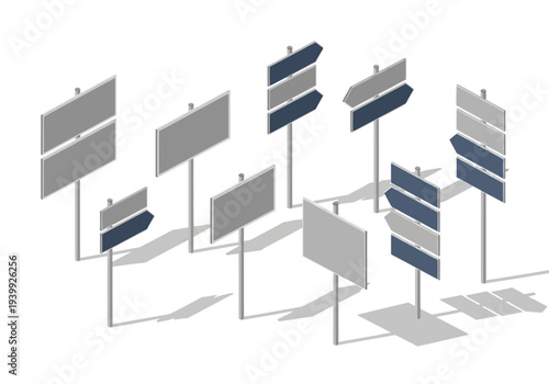 Multiple blank and partially filled directional street signs on metal poles casting shadows on a white background from an angled viewpoint