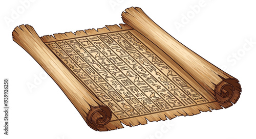 Unrolled ancient papyrus scroll displays rows of intricate Egyptian hieroglyphics and symbolic drawings reflecting the history of a lost civilization.
