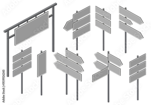 Multiple directional signs and a billboard stand on metal poles on a plain background viewed from a straightforward perspective.