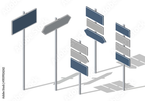 A row of directional signs with various shapes and arrows pointing in different directions on metal poles