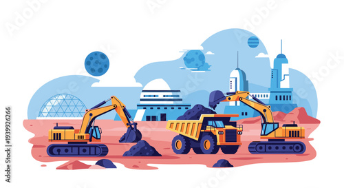 Futuristic mining operation on a distant planet involves heavy excavators and trucks working on a red desert surface near advanced dome structures.