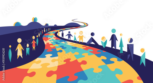 Winding road formed by colorful puzzle pieces stretches into the distance with various stylized human figures standing along its dark blue borders.