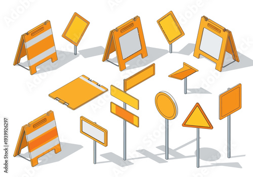 Collection of orange and yellow road signs and barriers arranged in a random pattern on a plain surface