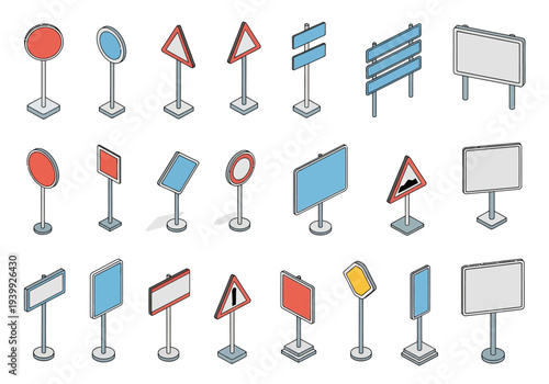 A collection of various road signs displayed on stands from a straightforward viewpoint