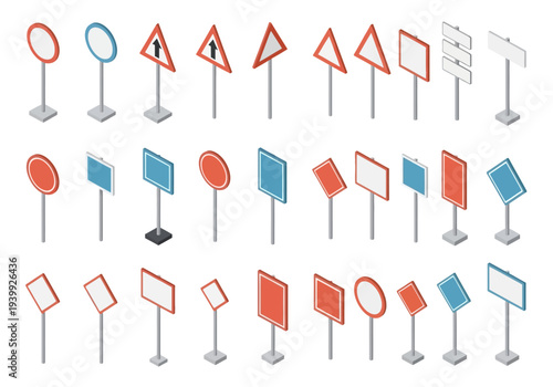 Collection of various road signs and directional indicators on stands, viewed from a straightforward angle.