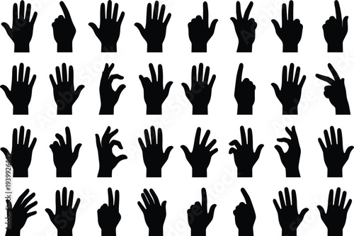 Collection of black silhouette hand gestures set, various finger signs including OK, peace, victory, pointing, thumbs up, rock on, counting, isolated white background