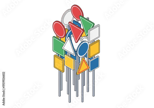 A collection of colorful directional signs pointing in various directions displayed on metal poles