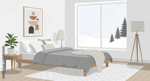 Gray Bed with White Pillows and Blanket.