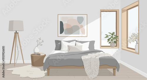 Gray Bed with White Pillows and Blanket 1.