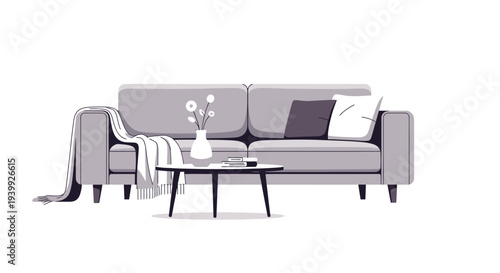 Gray Sofa with Pillows and Coffee Table.