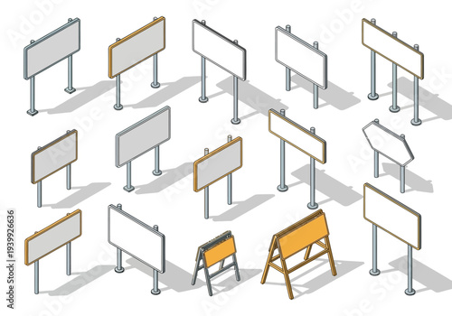 Multiple blank billboards and easels displayed in a grid arrangement on a plain background from a direct overhead viewpoint