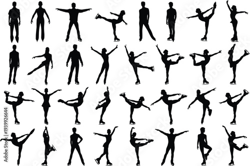 Collection of figure skating silhouettes featuring male and female ice skaters in dynamic poses spins jumps and elegant performances, black vector set on white background
