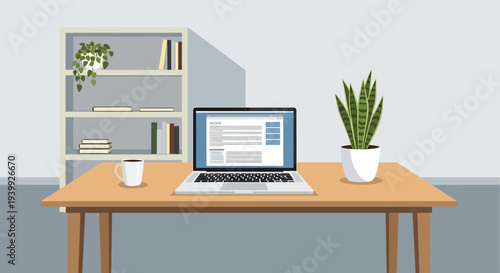 Laptop on Desk with Potted Plant Nearby.