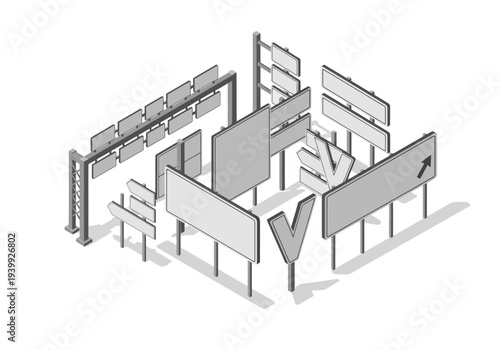 Isometric illustration of a modern exhibition stand with various display boards and structures from an aerial viewpoint