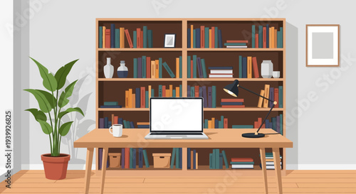 Modern Office Desk with Computer and Bookshelves.