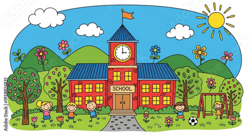 Colorful School Building with Playground and Nature.