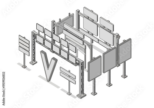 Multiple billboards and signage structures arranged in a 3D isometric configuration