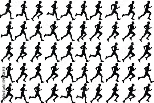 Collection of running man silhouettes in various dynamic jogging sprinting and marathon poses side view sequence, black vector athlete figures set on white background