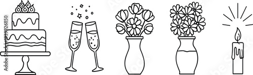 Hand drawn celebration elements set with birthday cake champagne glasses flower vases and candle festive doodle vector illustration