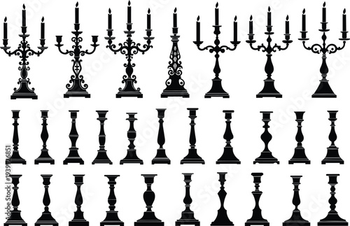 Collection of ornate candelabra and candlestick silhouettes in vintage styles including multi-arm holders single pillar bases elegant decorative candle stands black vector set