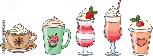 Hand drawn coffee and dessert drinks collection including cappuccino, latte, strawberry parfait, milkshake and creamy beverages isolated vector illustration