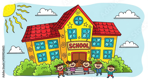 Colorful School Building with Children Outside.