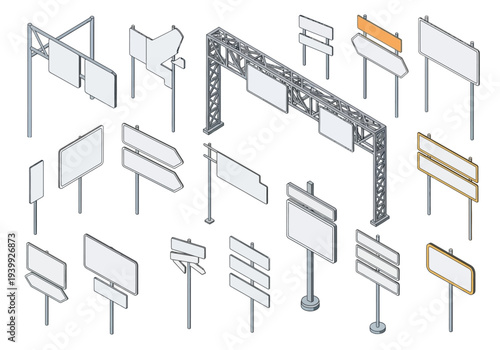 Collection of various blank billboards and advertisement structures in different styles and orientations displayed from an isometric viewpoint