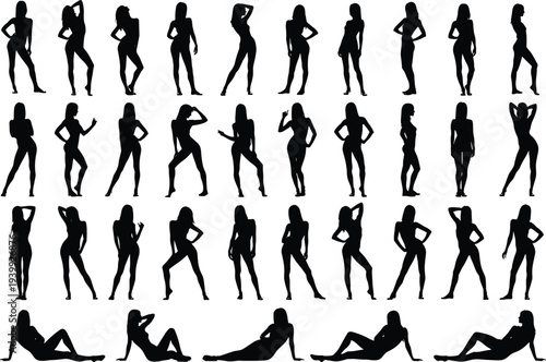 Collection of sexy female body silhouettes in various seductive poses, standing, posing, sitting and lying down, black vector shapes on white background, elegant women figures