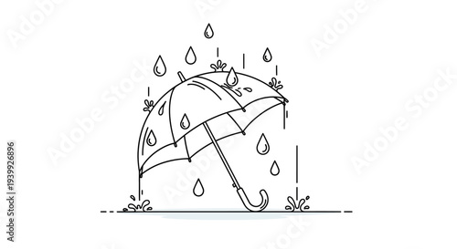 Simple Line Drawing of Umbrella in Rain.