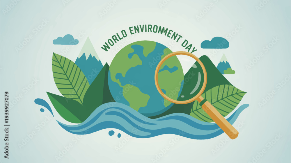 Naklejka premium Earth with magnifying glass world environment day concept with green leaves and blue waves on light background
