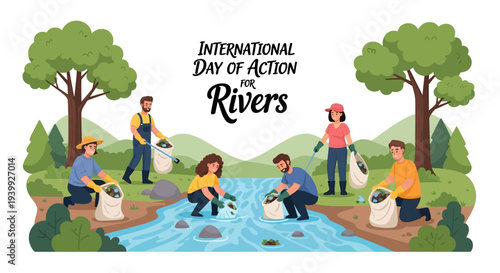 Illustration of people cleaning a river on International Day of Action for Rivers with a conservation concept.